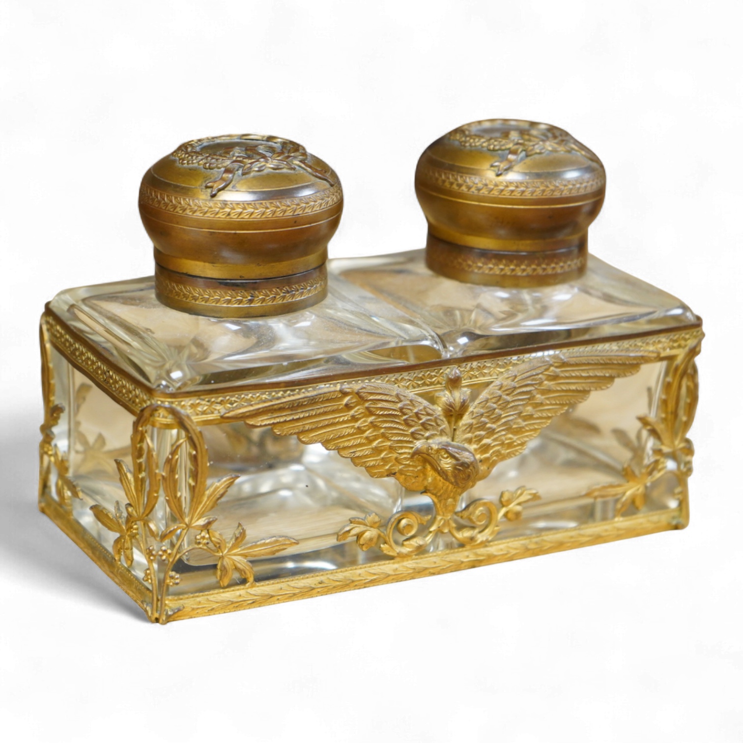 A late 19th/early 20th century French Empire style gilt brass double inkwell, 15cm wide